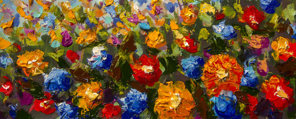 Original handmade abstract oil painting bright flowers made palette knife. Red, yellow, blue, purple abstract flowers. Macro impasto painting. © weris7554