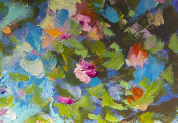 Fototapeta na wymiar Branch pink magnolia flowers on blue sky background - Abstract spring close-up painting fragment