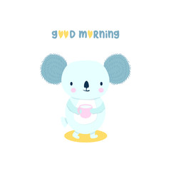 Cute koala  with quote "Good morning". Vector hand drawn illustration.