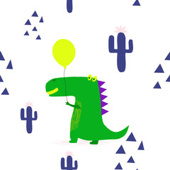 Cute dino  with yellow ballon. Seamless pattern. Vector hand drawn illustration.