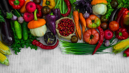 Harvest, Autumn. Panoramic collection of fresh healthy fruits and vegetables. Healthy eating. Copy space. Vegetables background