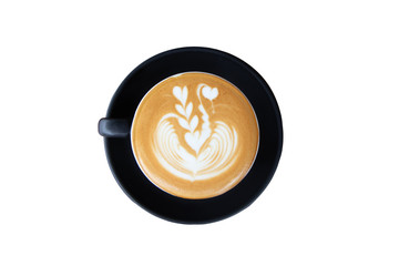 coffee latte art in black cup isolate on white background with clipping path.hot drink coffee with milk froth for breakfast.heart shape art foam texture top view.