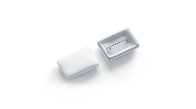 Blank white rectangular badge mockup, front and back side, isolated, 3d rendering. Empty clear pin emblem mock up top view. Oblong plastic volunteer label template.
