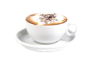 Full cup of hot aromatic coffee on saucer with spoon. Good Morning Coffee Isolated on white background