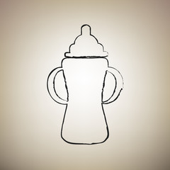 Baby bottle sign. Vector. Brush drawed black icon at light brown