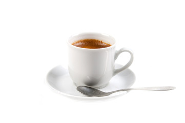 Full cup of hot aromatic coffee on saucer with spoon. Good Morning Coffee Isolated on white background