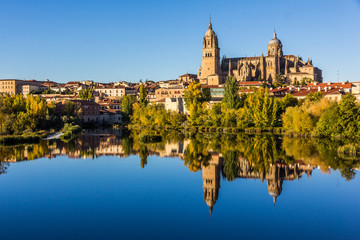 Cityscape of Salamanca and its mirror image on Tormes river (Spain) - obrazy, fototapety, plakaty
