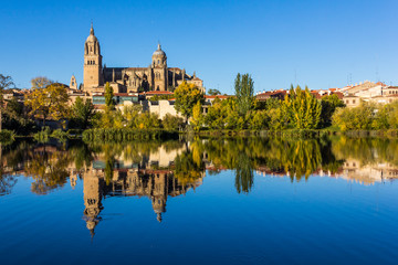 Fototapeta na wymiar Cityscape of Salamanca and its mirror image on Tormes river (Spain)