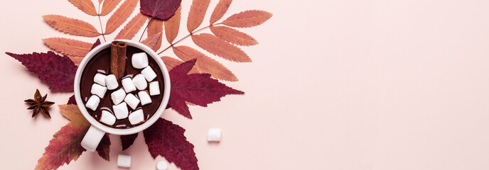 Thick hot chocolate cup with marshmallow on autumn leaves