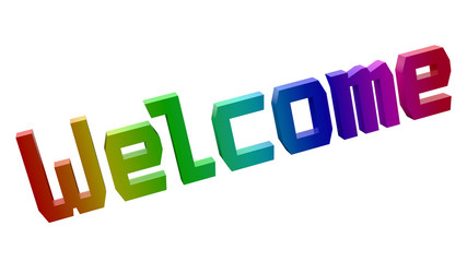 Welcome Word 3D Rendered Text With Techno, Old Style Font Illustration Colored With RGB Rainbow Gradient, Isolated On White Background ..