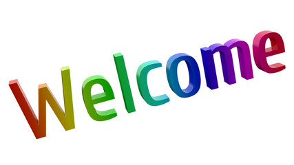 Welcome Word 3D Rendered Text With Elegant Font Illustration Colored With RGB Rainbow Gradient, Isolated On White Background ..
