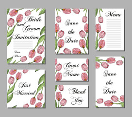 Naklejka premium Wedding invitations, hand drawn flowers tulips. Set of wedding cards.