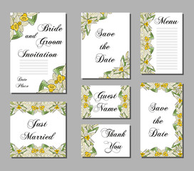 Wedding invitations, hand drawn flowers narcissus. Set of wedding cards.