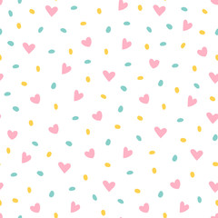 Vector seamless pattern of hearts and dots.