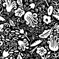 Hand Drawn Seamless Funky Monochrome Vintage Floral Pattern in black and white.