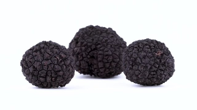 Closeup of several truffles rotating on the on the turntable. Isolated on the white background.