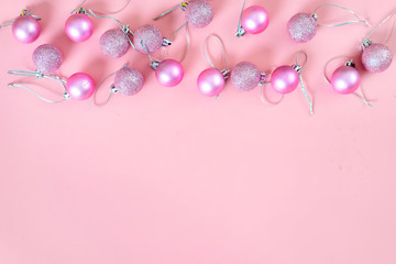 Top view of pink Christmas decoration balls