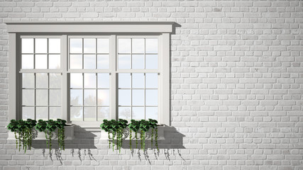 Exterior brick wall with white window with potted plant, blank background with copy space, architecture design concept