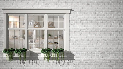 Exterior brick wall with white window with potted plant, showing interior scandinavian kitchen,...