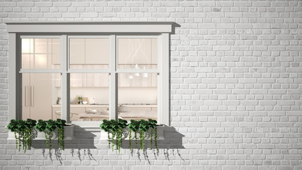 Exterior brick wall with white window with potted plant, showing interior contemporary kitchen, blank background with copy space, architecture design concept