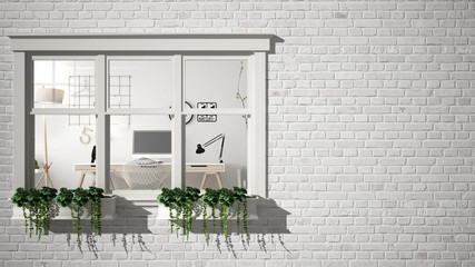 Exterior brick wall with white window with potted plant, showing interior home workplace, blank background with copy space, architecture design concept