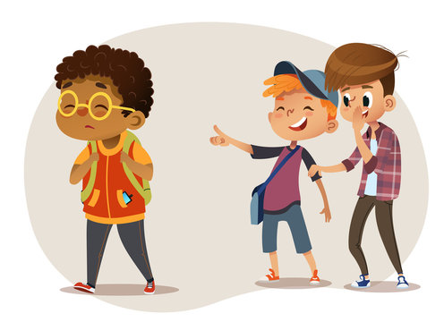 Sad African-American boy wearing glasses going through school. School boys laughing and pointing at the obese boy. Body shaming, fat shaming. Bulling at school. Vector illustration. Isolated
