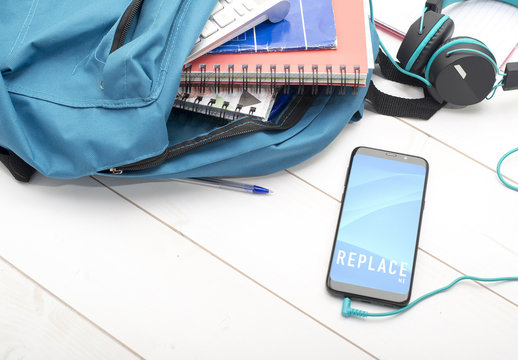 Smartphone with Headphones and School Bag Mockup