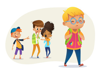 Sad overweight boy wearing glasses going through school. School boys and gill laughing and pointing at the obese boy. Body shaming, fat shaming. Bulling at school. Vector illustration