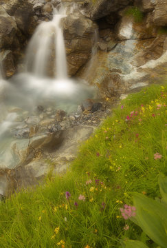 Water cascade in a small rocky gorge, long exposition, soft filter