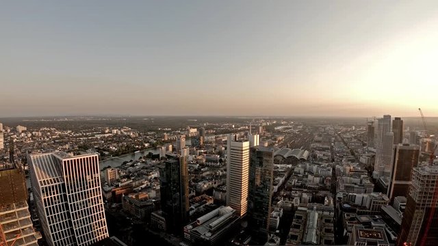 Aerial view of the Frankfurt - Main skyline in Germany - Lady shows camera to take a picture
