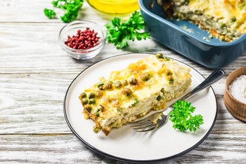 Baked yellow sring beans with parmesan cheese. Selective focus, space for text.