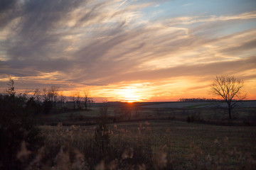 Fototapeta premium Cloudy Winter Sunset over Wild Grass and Fields with Blue Sky in Blurred Foreground.