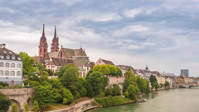 Basel city skyline timelapse and Rhine River, Basel, Switzerland 4K Time lapse