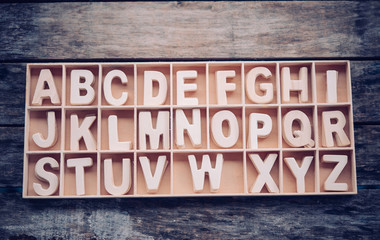 English letters are placed in a wooden box in alphabetical order.
