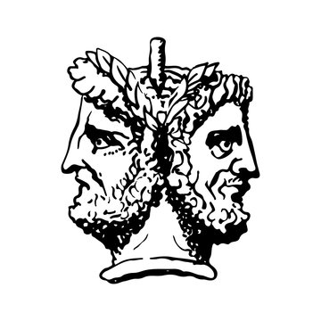 Two-faced Janus. Two male heads in profile, connected by the nape. Stylization of the ancient Roman style. Graphical design. Illustration.