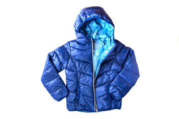 Children’s winter jacket. Stylish children’s blue warm down jacket isolated on white background.