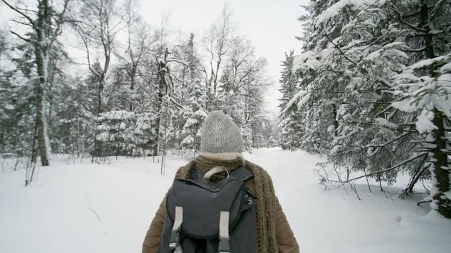 Following shot of young female backpacker walking through forest at winter day and enjoying snowy trees