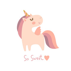 Cute little unicorn vector illustration. Girls print for t shirts, cards