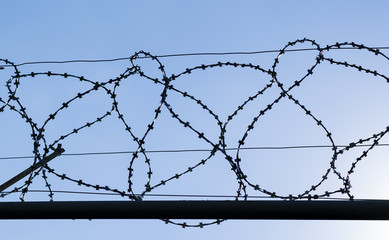 barbed wire fence of the protected object against the sky close-up
