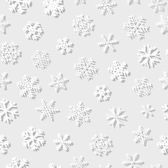 Christmas seamless pattern of snowflakes with shadows, white on light gray background