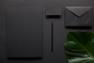 Business mock up with black notebook on black background with monstera leaf