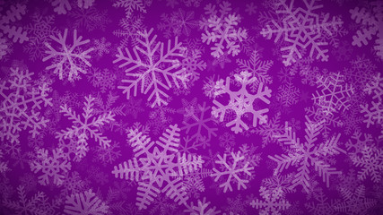Fototapeta na wymiar Christmas background of many layers of snowflakes of different shapes, sizes and transparency. White on purple.