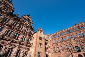 Fototapeta na wymiar HEIDELBERG CASTLE is a ruin in Germany and landmark of Heidelberg. The castle ruins are among the most important Renaissance structures north of the Alps. Castle ruins and tourism.