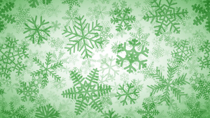 Christmas background of many layers of snowflakes of different shapes, sizes and transparency. Green on white