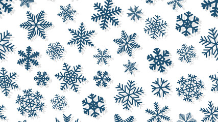 Christmas background of snowflakes of different shapes and sizes with shadows. Blue on white