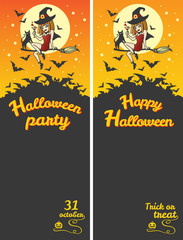 Happy Halloween vertical banners, party invitation with typographic composition. Cartoon style witch girl sitting on a broom with cat, surrounded by bats, holding potion or cocktail. Trick or treat.