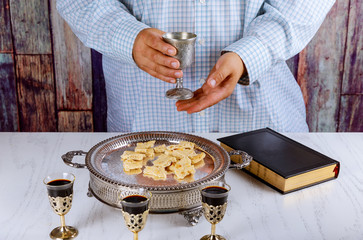 Bread, wine and bible for sacrament communion, prayer for wine