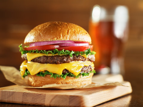 double cheese burger with beer