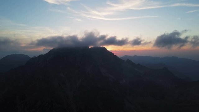 Aerial view of sunset over Gerlachov Peak (Gerlachovsky stit) in High Tatras mountains, Slovakia