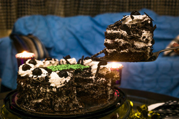 A slice of chocolate birthday cake